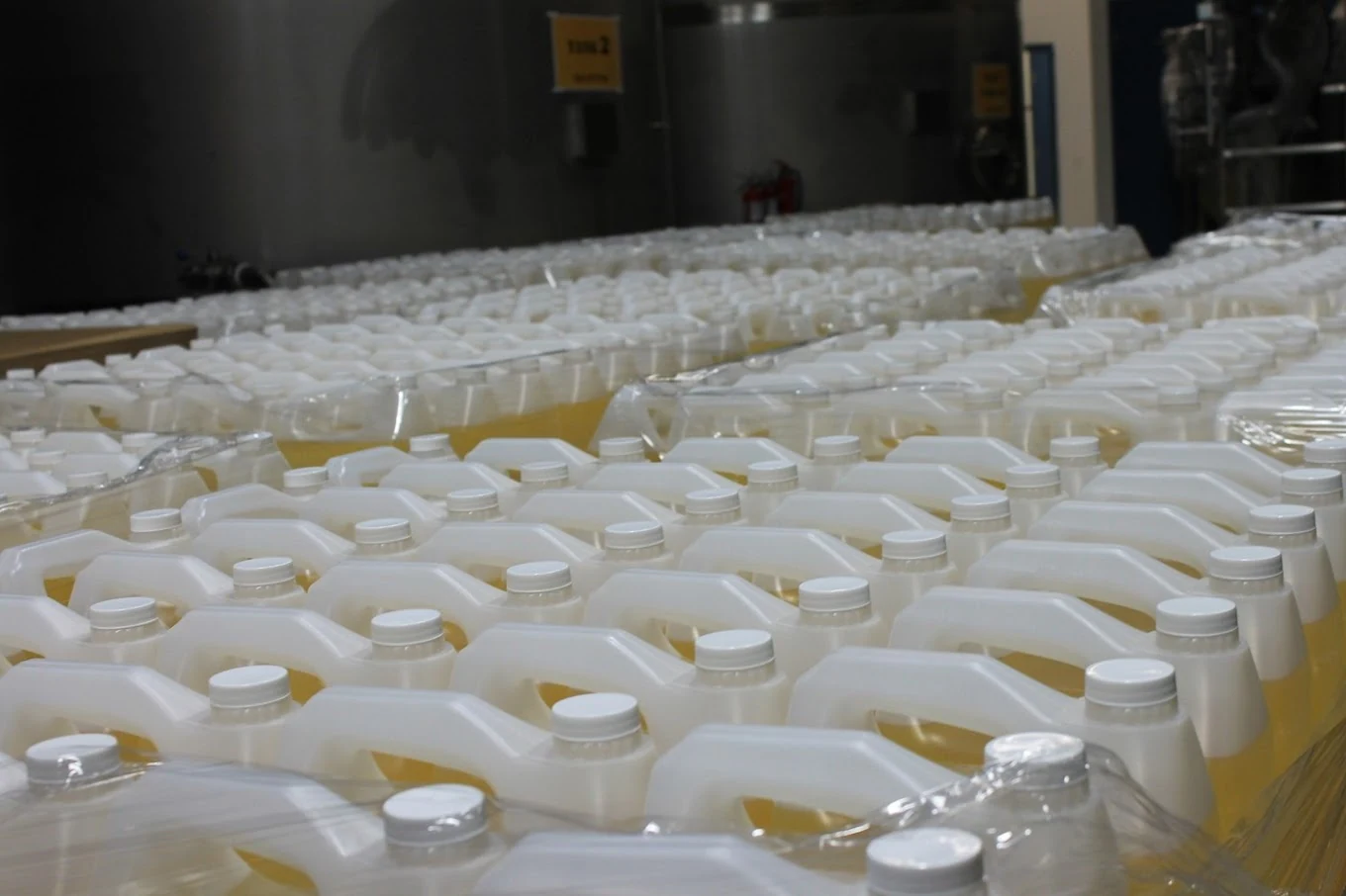 Rows of packaged cooking oil jugs at Vikmar Foods